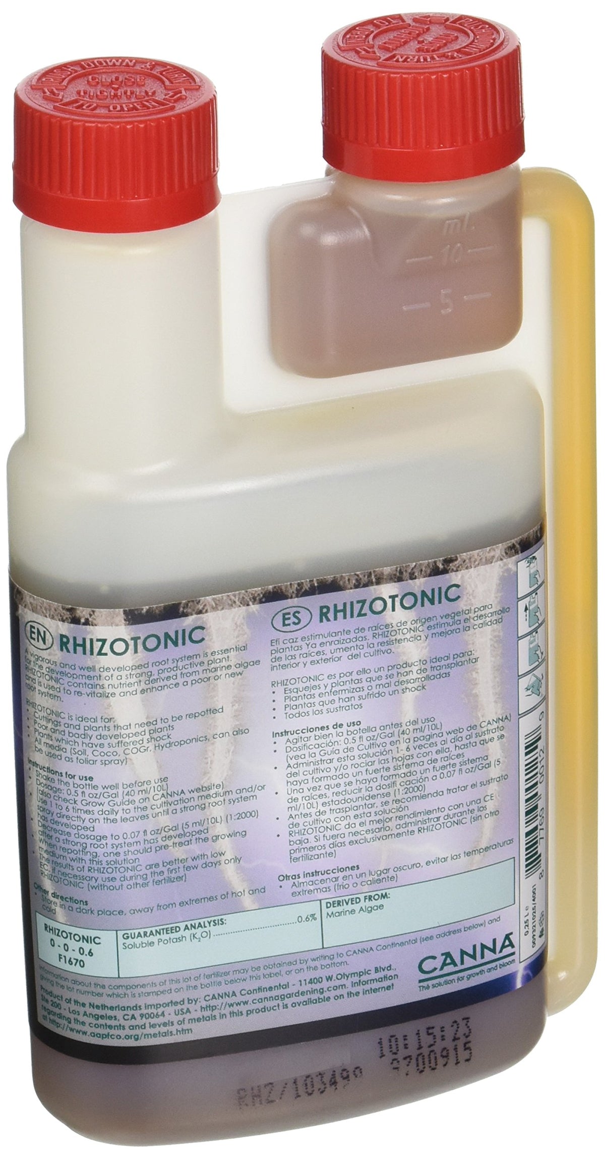 CANNA Rhizotonic label closeup, showing vitamins and rooting benefits