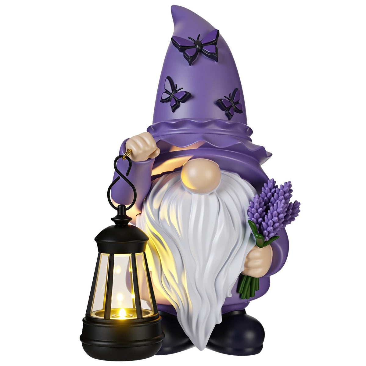 Capoda solar spring gnome with lavender lantern glows softly at night.