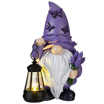 Capoda solar spring gnome with lavender lantern glows softly at night.