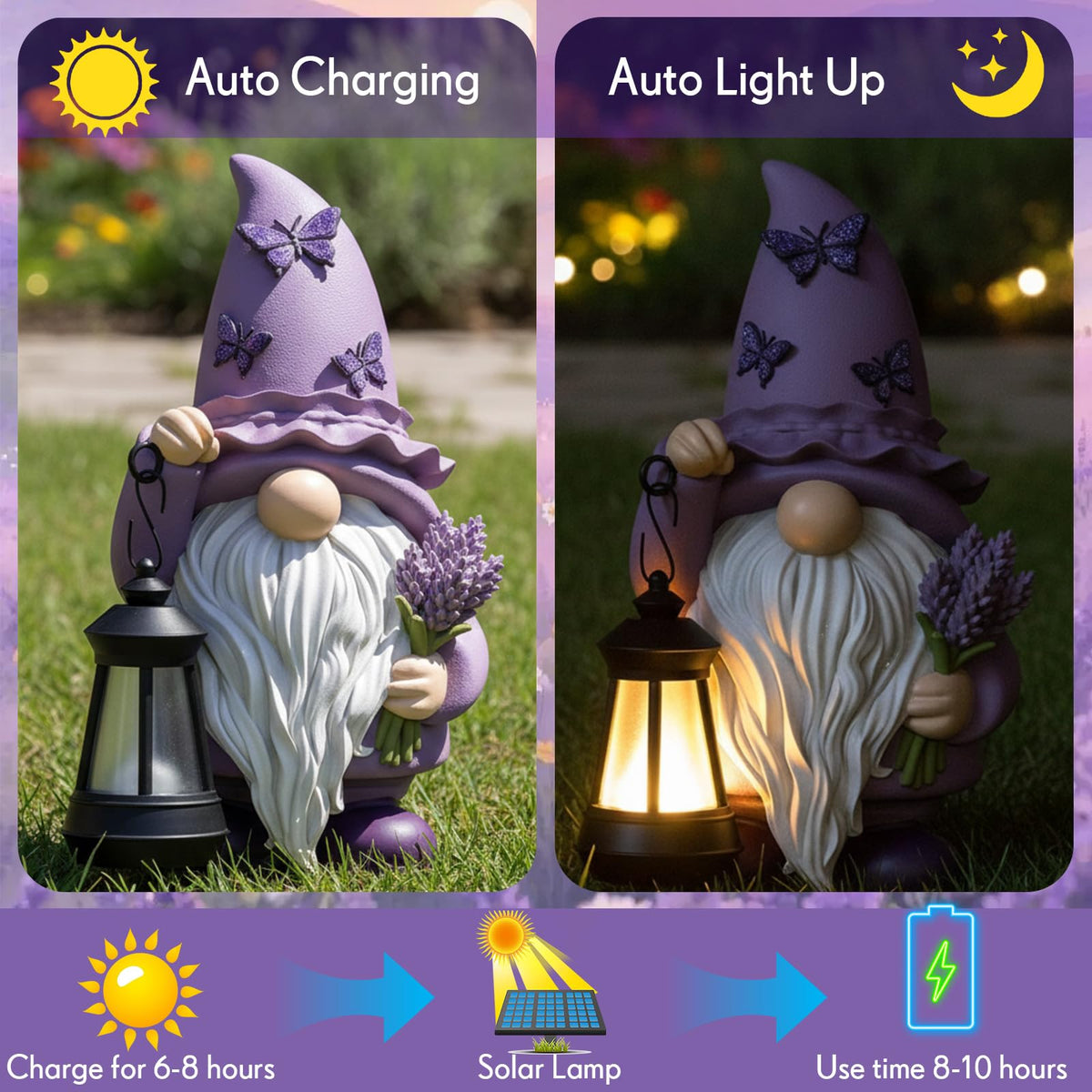 Capoda solar gnome lights up automatically after sunset for ambient yard decor.