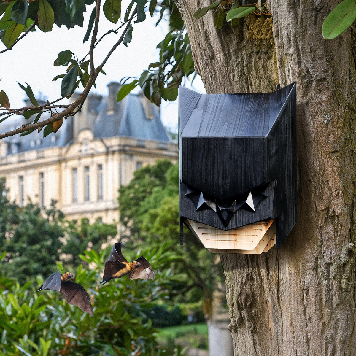 Capruzad Caped Hero bat house garden installation, ready for easy mounting.