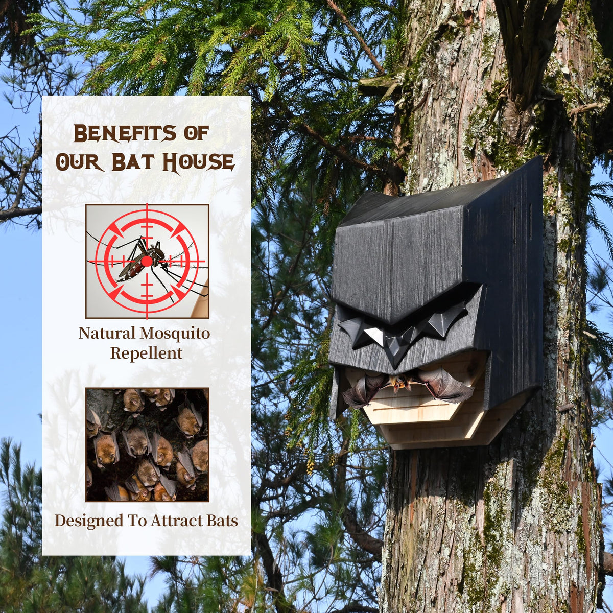 Capruzad Caped Hero bat house side view, weather-resistant outdoor installation.