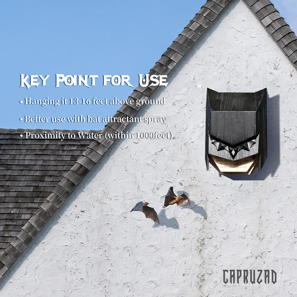 Capruzad Caped Hero bat house weatherproof construction withstands outdoor elements.