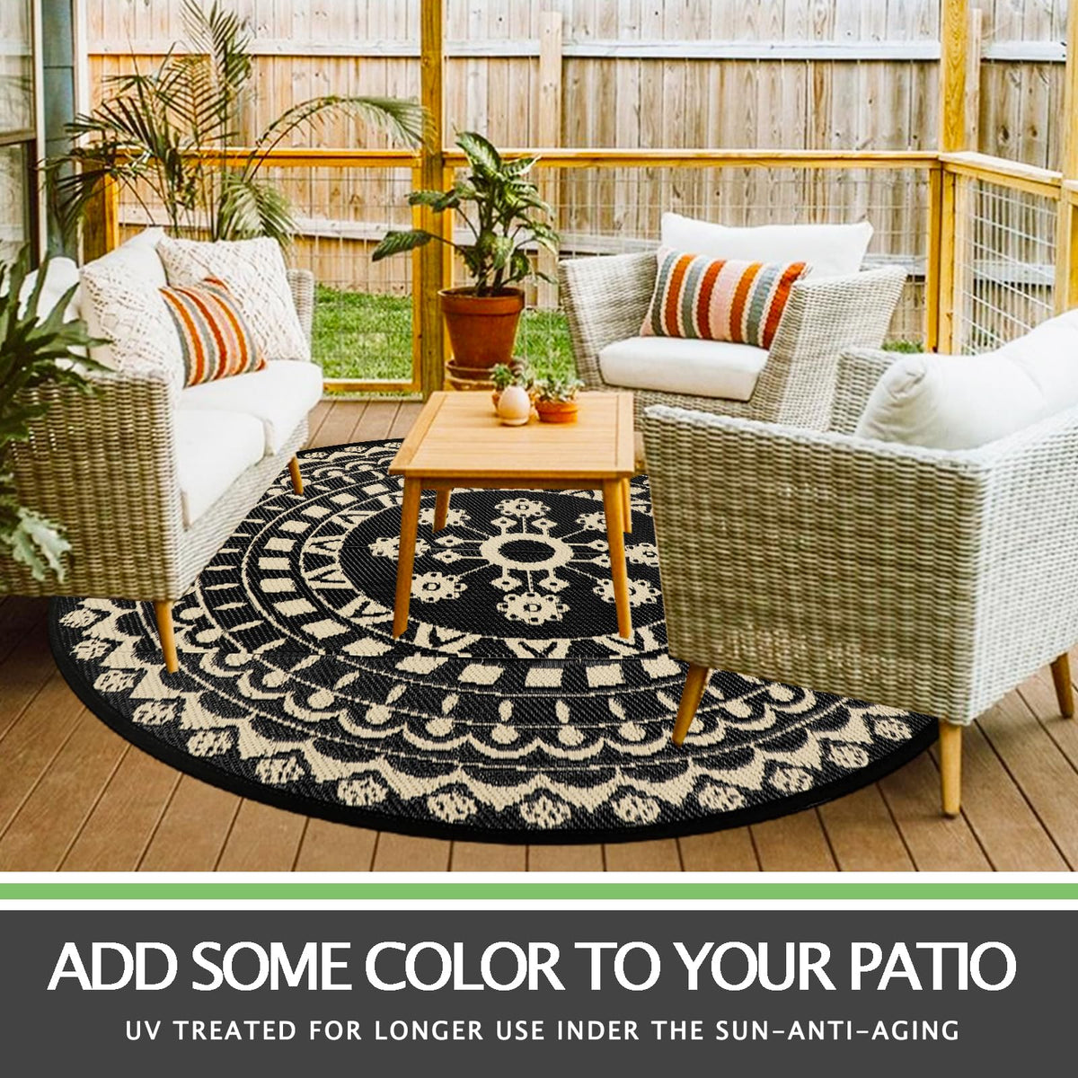 Capslpad round outdoor rug ideal for balcony and beach days.