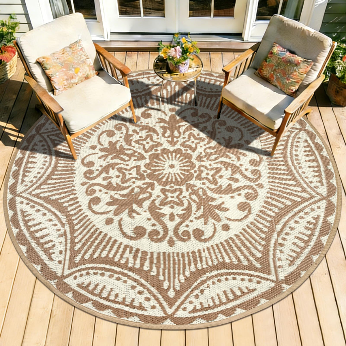 Capslpad floral outdoor rug round showing reversible two-tone color options for patios.