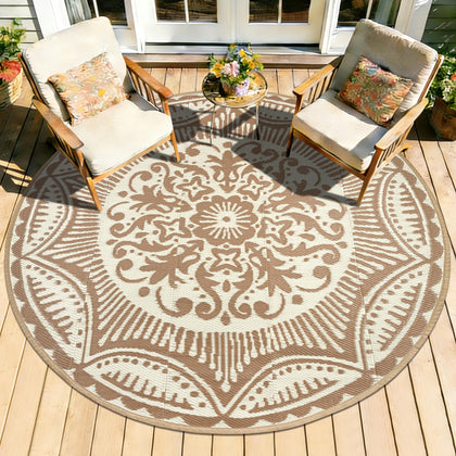 Capslpad floral outdoor rug round showing reversible two-tone color options for patios.