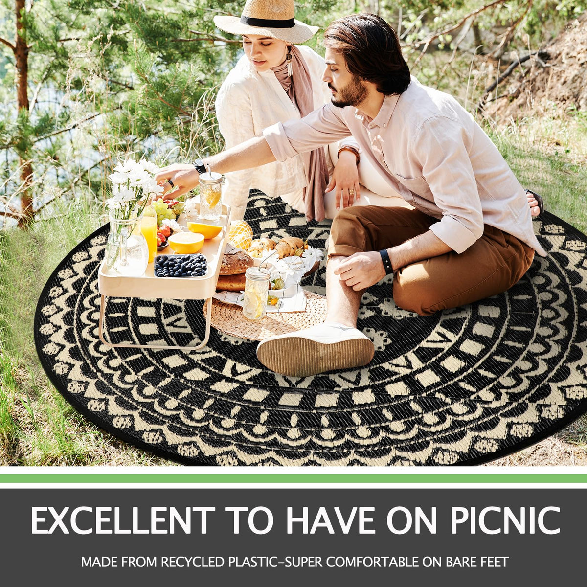 Capslpad round outdoor rug beige, soft underfoot for patios and decks.