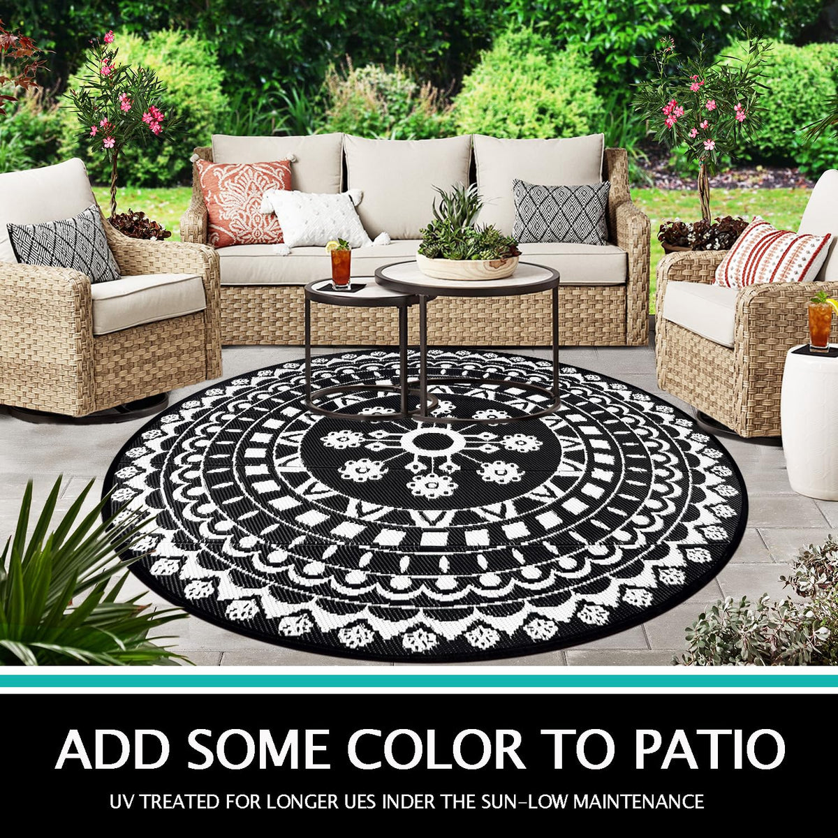 Capslpad reversible round rug doubles life with two colors.