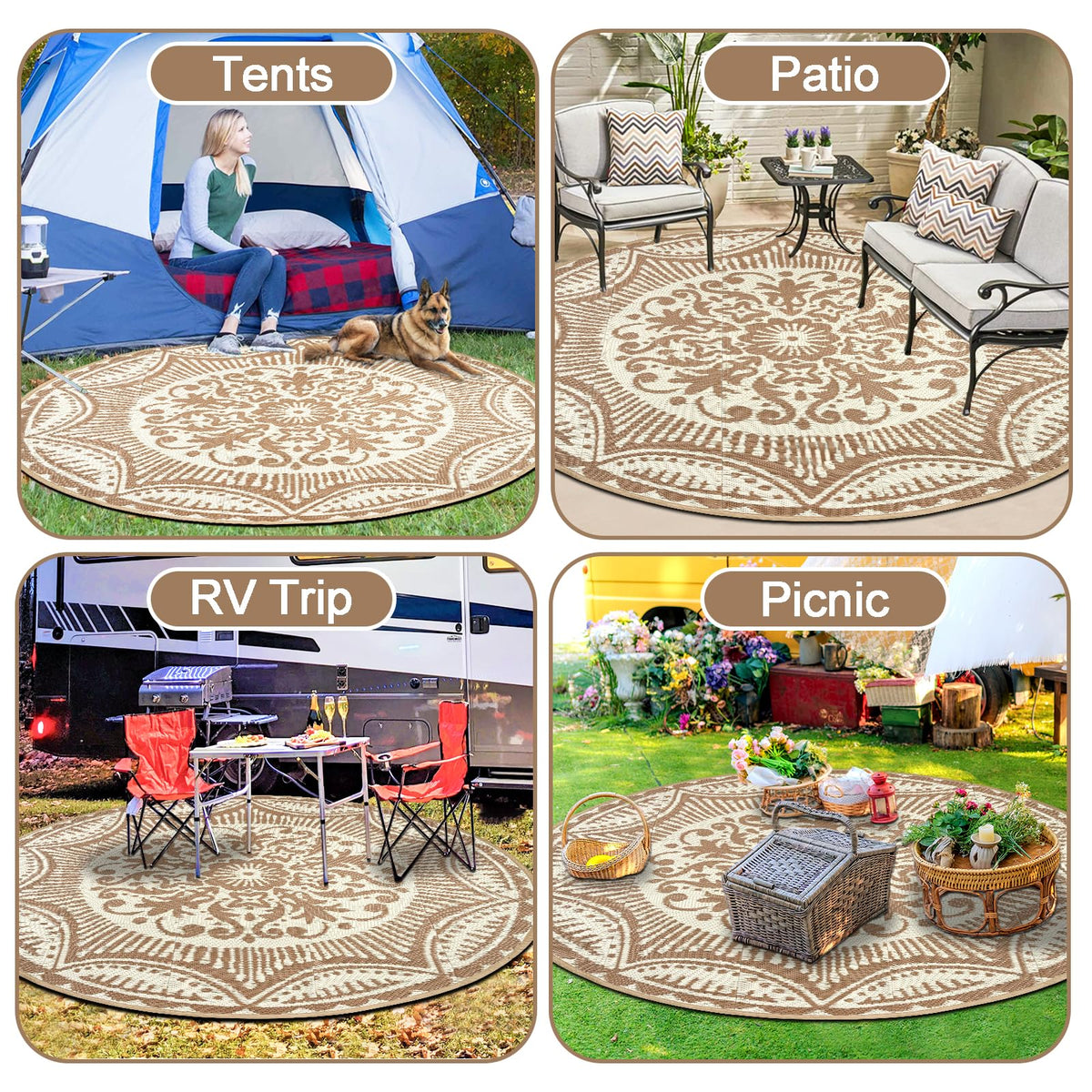 Capslpad waterproof outdoor rug that cleans easily with hose or vacuum.
