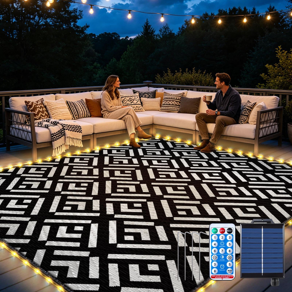 Capybland 8x10ft outdoor rug with LED strip for ambient evenings.