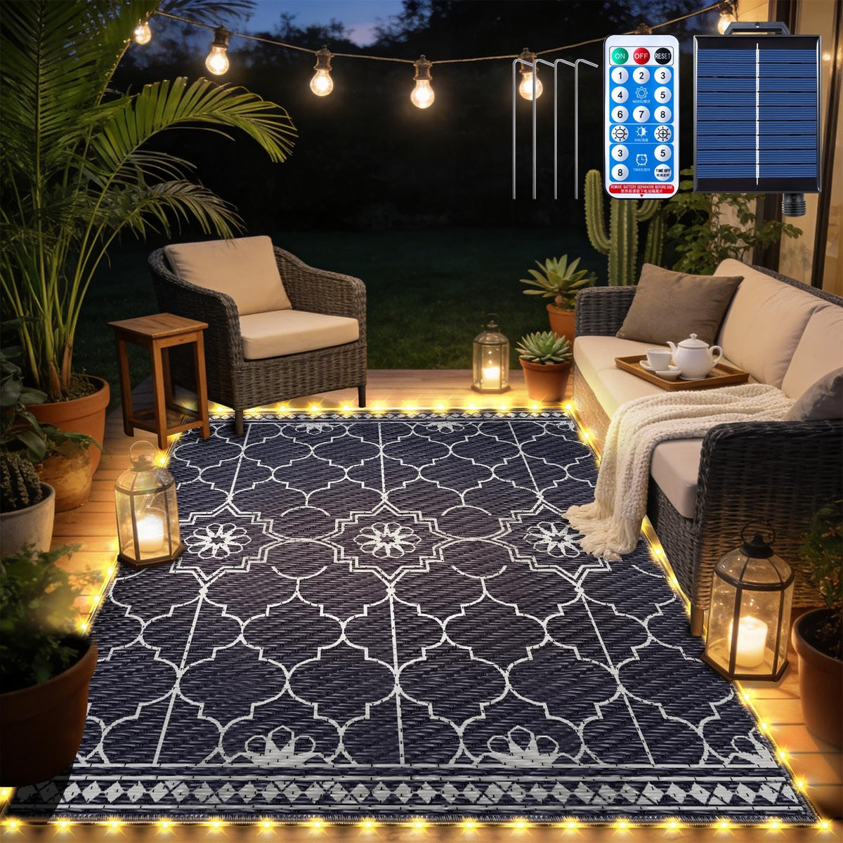 Capybland 6x9ft outdoor rug with blue-white LEDs adds warm ambience to decks.