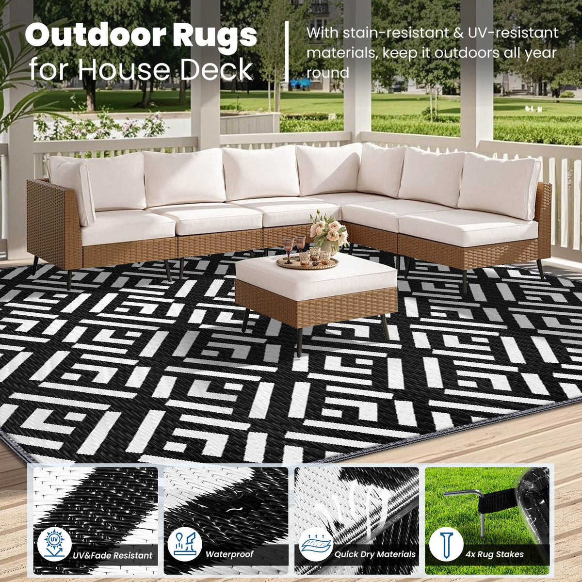 Capybland waterproof plastic straw rug resists moisture and cleans easily.