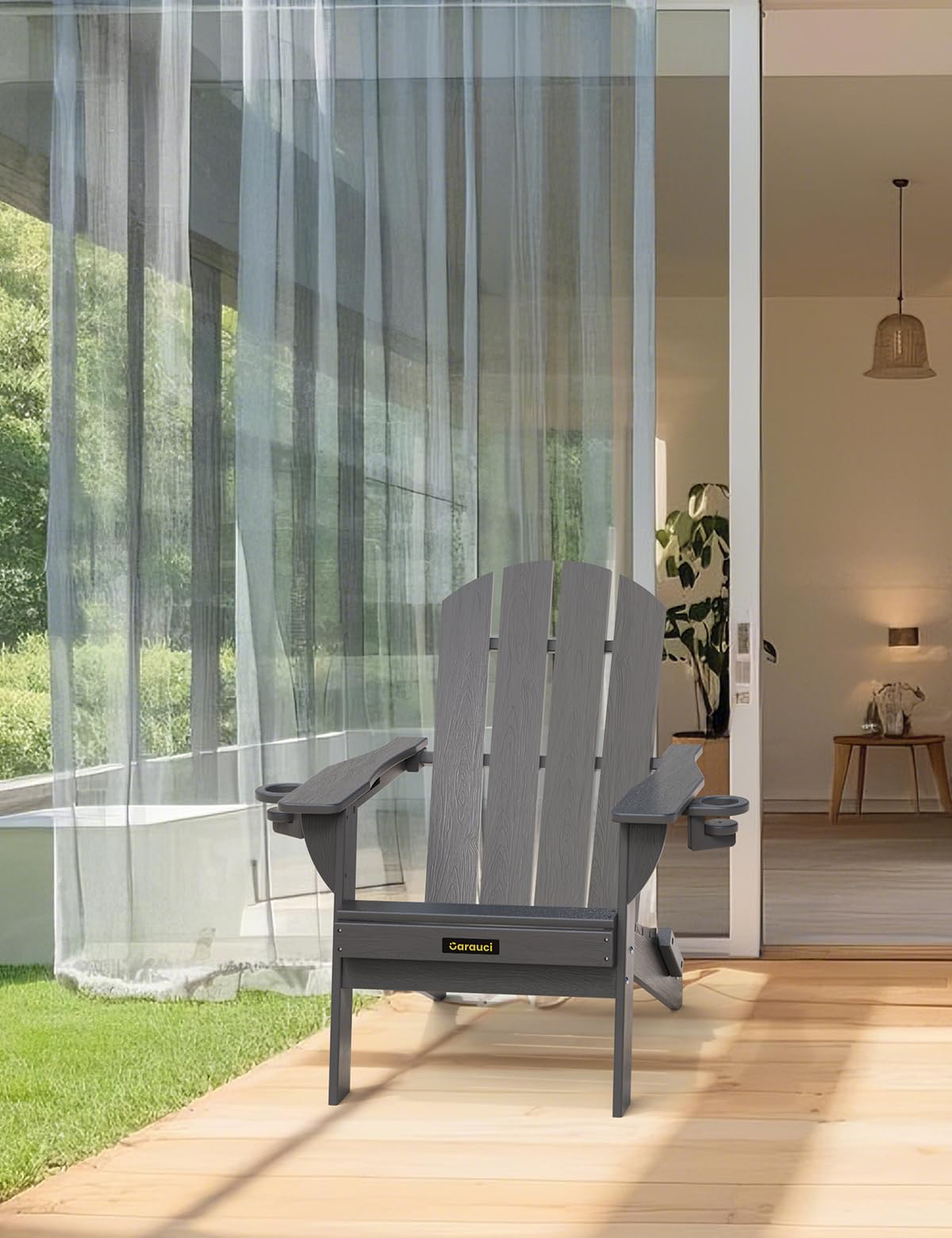 Carauci Adirondack chair offers tool-free assembly with pre-drilled holes.