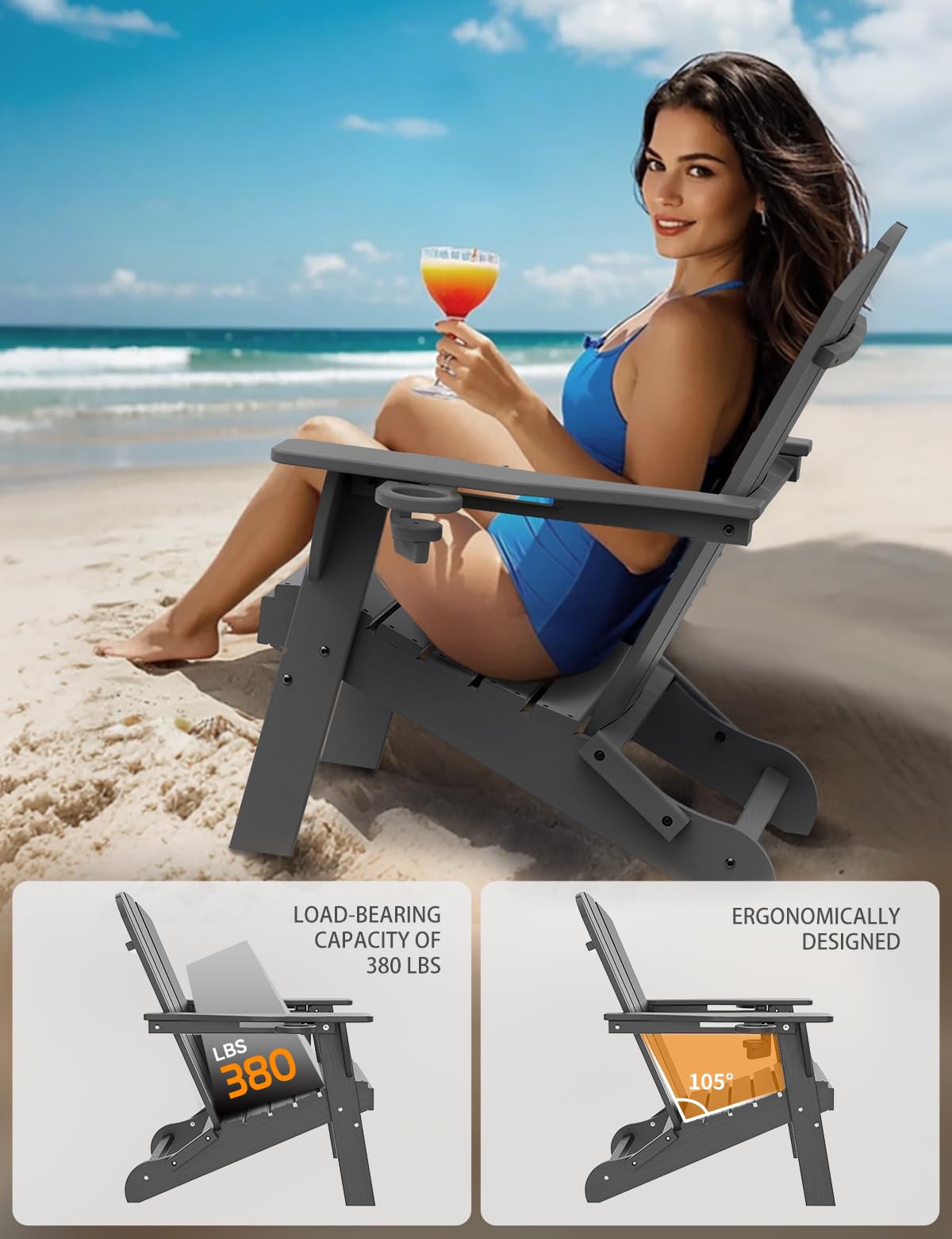 Carauci Adirondack chair with two cup holders keeps drinks within easy reach.