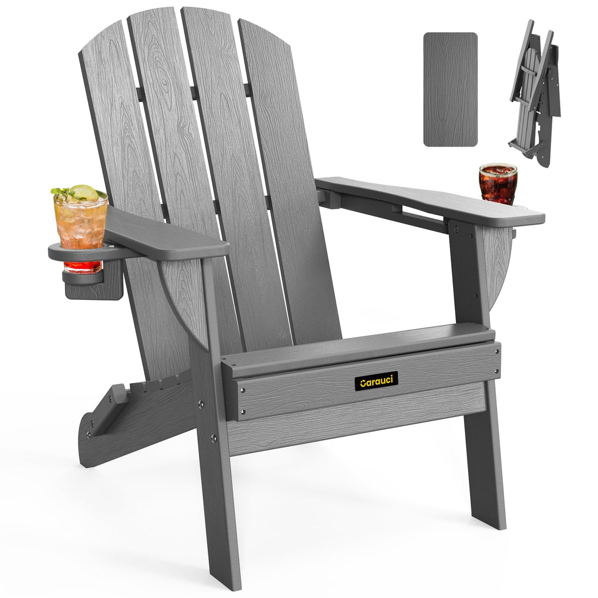 Carauci folding Adirondack chair with wood-grain texture for durable outdoor seating.