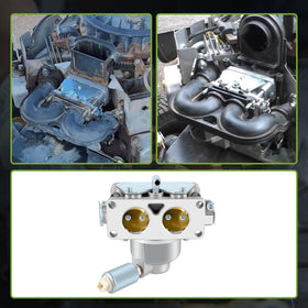 CARBBIA carburetor assembly; top-down view highlights gasket kit for quick lawn engine fit.