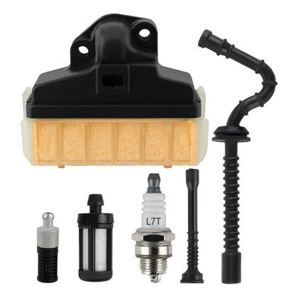 Carbhub air filter and spark plug kit for STIHL chainsaw improves intake and reliability.