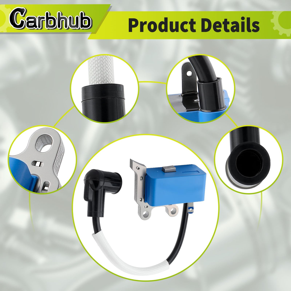 Carbhub ignition coil packaging highlights compatibility with Echo and Shindaiwa.