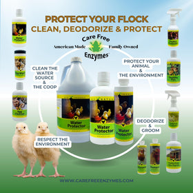 Care Free Enzymes Poultry Water Protector enzyme cleaner safe for daily use around birds.