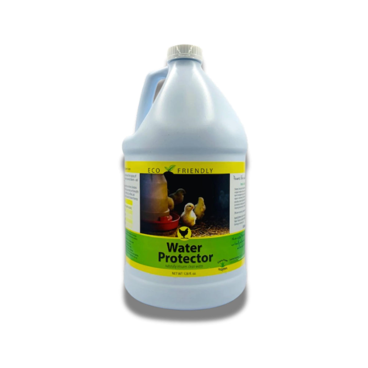 Care Free Enzymes Poultry Water Protector bottle pour demonstrates easy application for cleaner drinkers.