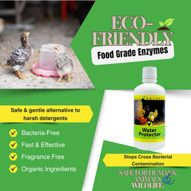 Care Free Enzymes Poultry Water Protector easy rinse aids quick cleanup after use.