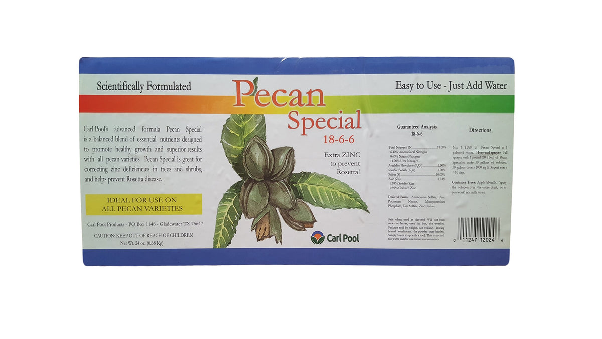 Applying Carl Pool Pecan Special Fertilizer 18-6-6 to tree soil promotes even nutrition
