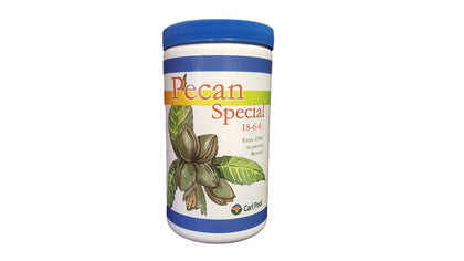 Carl Pool Pecan Special Fertilizer 18-6-6 bag label shows zinc nutrition for pecan health