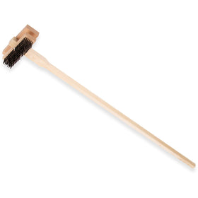 Carlisle FoodService Products stainless steel double broiler king grill brush with handle close-up bristles for heavy-duty cleaning.