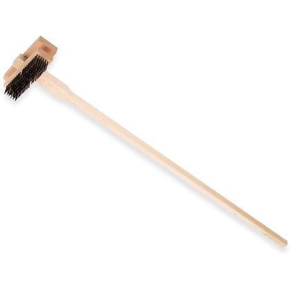 Carlisle FoodService Products stainless steel double broiler king grill brush with handle close-up bristles for heavy-duty cleaning.