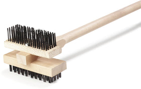 Carlisle grill brush with 48-inch handle shown reaching high oven surfaces.