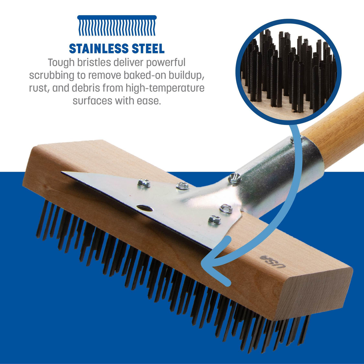 Carlisle stainless steel scraper loosening debris for deeper clean.