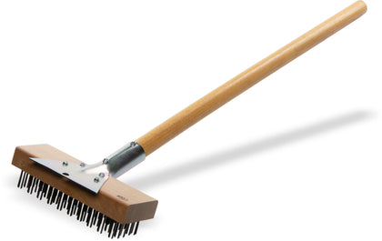 Carlisle wood oven grill brush with handle for safe, extended cleaning reach.
