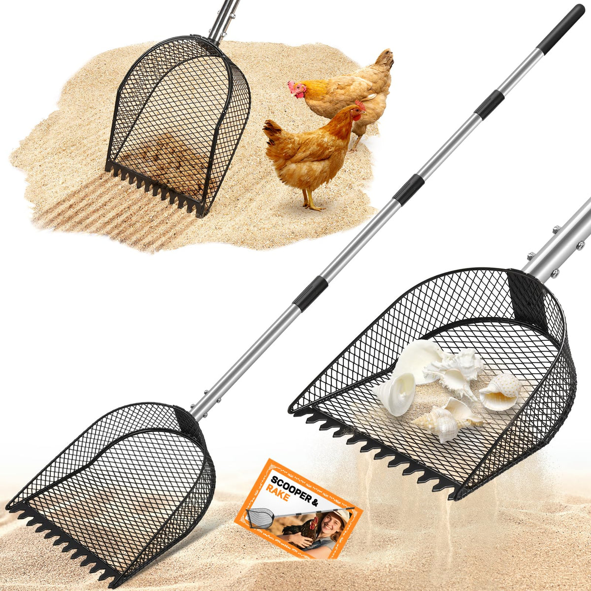 CAROD 2-in-1 scooper and rake head in action for efficient cleaning.