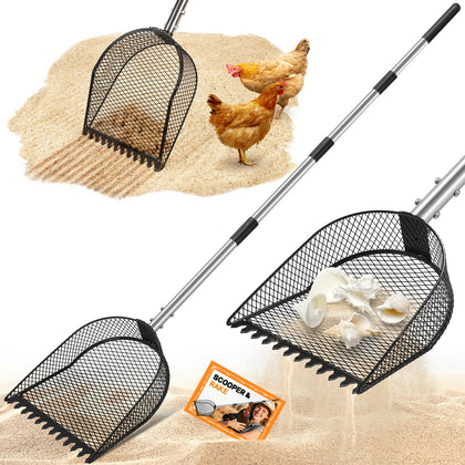 CAROD 2-in-1 scooper and rake head in action for efficient cleaning.