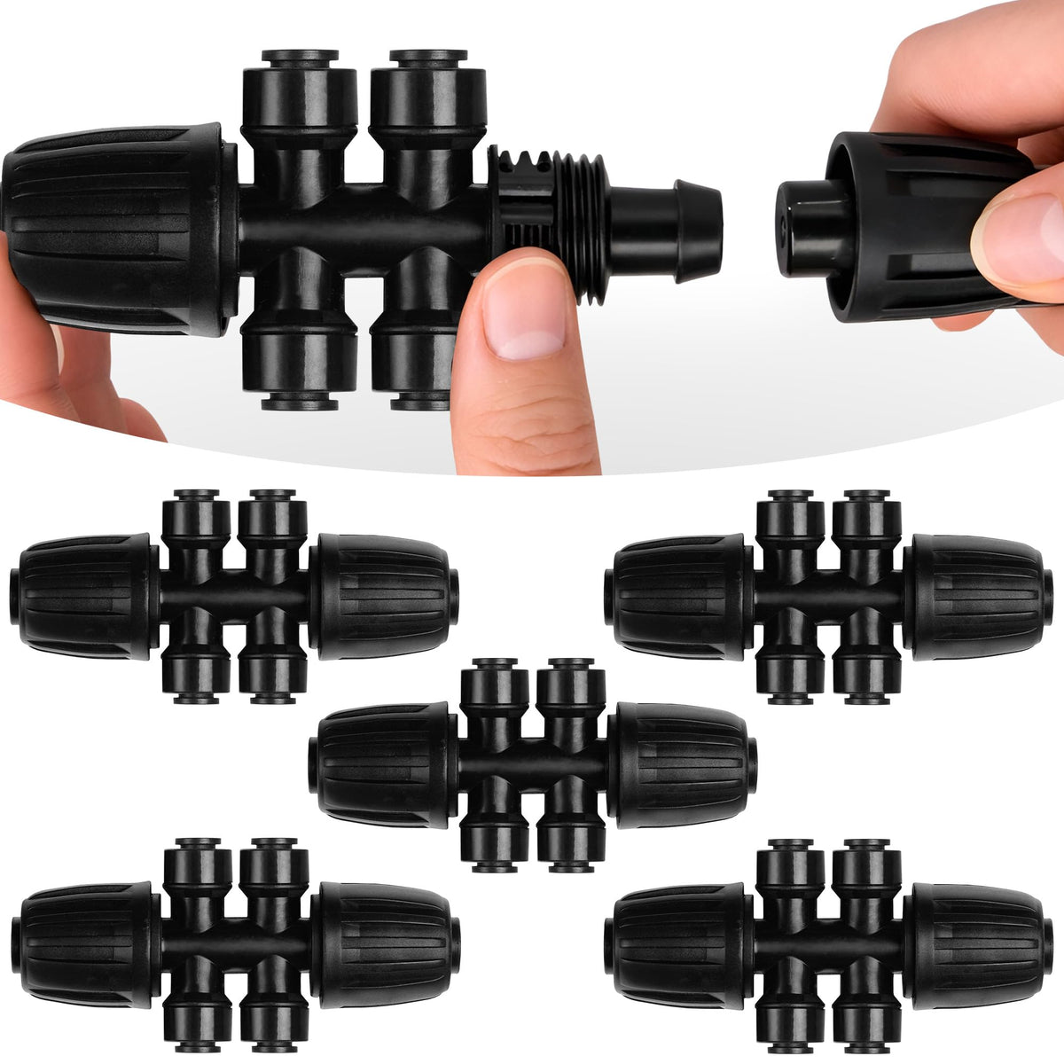 Carpathen 4-way barbed tee splits a 1/2 inch mainline into four 1/4 inch lines for wide coverage.