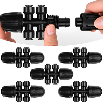 Carpathen 4-way barbed tee splits a 1/2 inch mainline into four 1/4 inch lines for wide coverage.