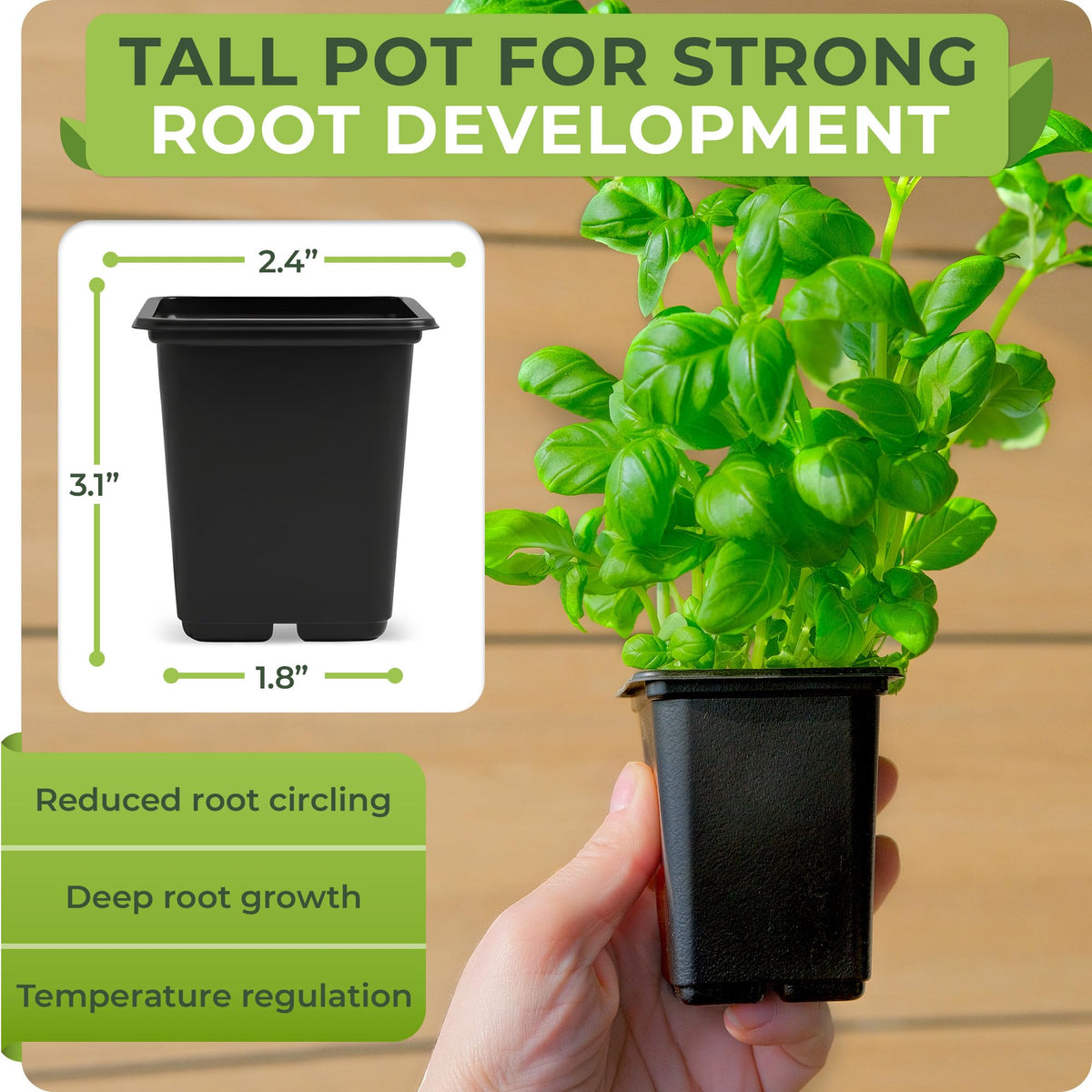 CARPATHEN 64-pack square seedling pots side view, showing sturdy construction and stackability