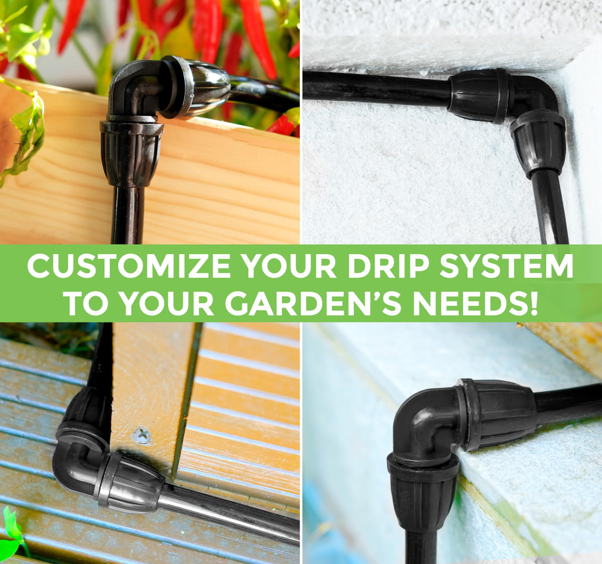 Carpathen elbow fittings used in a step-by-step drip system assembly.