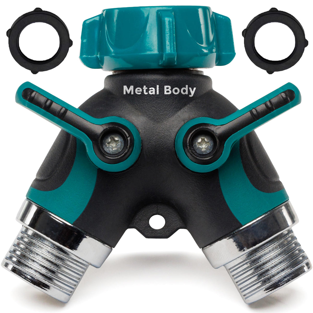 Carpathen 2-Way garden hose splitter with metal body for durable outdoor watering.