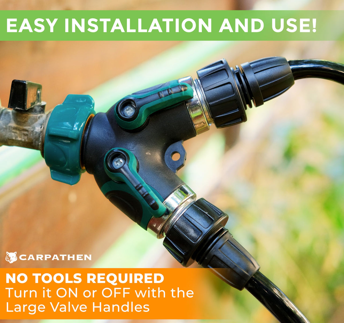 Carpathen splitter with ergonomic levers for easy, tool-free water control.