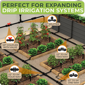 Carpathen mainline-to-branch connectors support even water distribution across beds and pots.