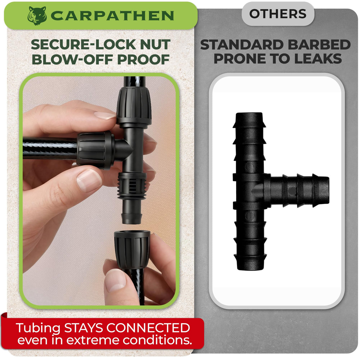 Carpathen weather-resistant plastic connectors designed for outdoor irrigation durability.