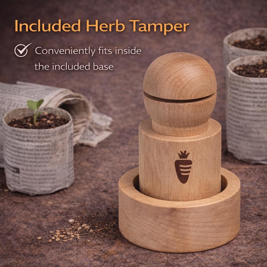 Carrot Design pot maker base forms a sturdy 2-inch starter pot for seedlings.