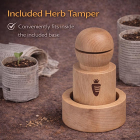 Carrot Design pot maker base forms a sturdy 2-inch starter pot for seedlings.