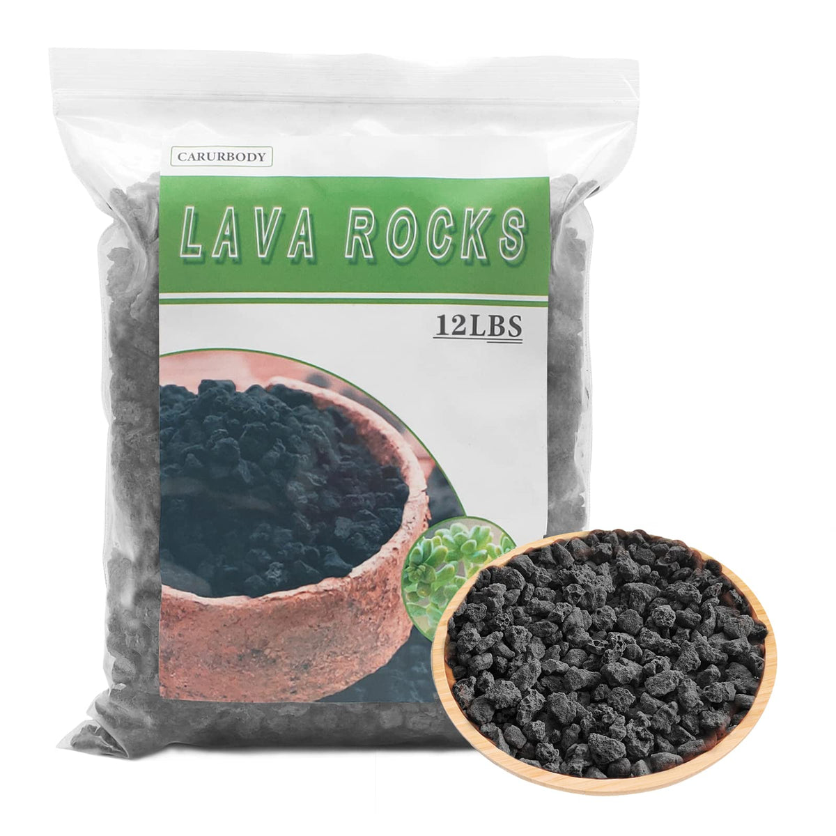CARURBODY black lava rocks top dressing for improved drainage.