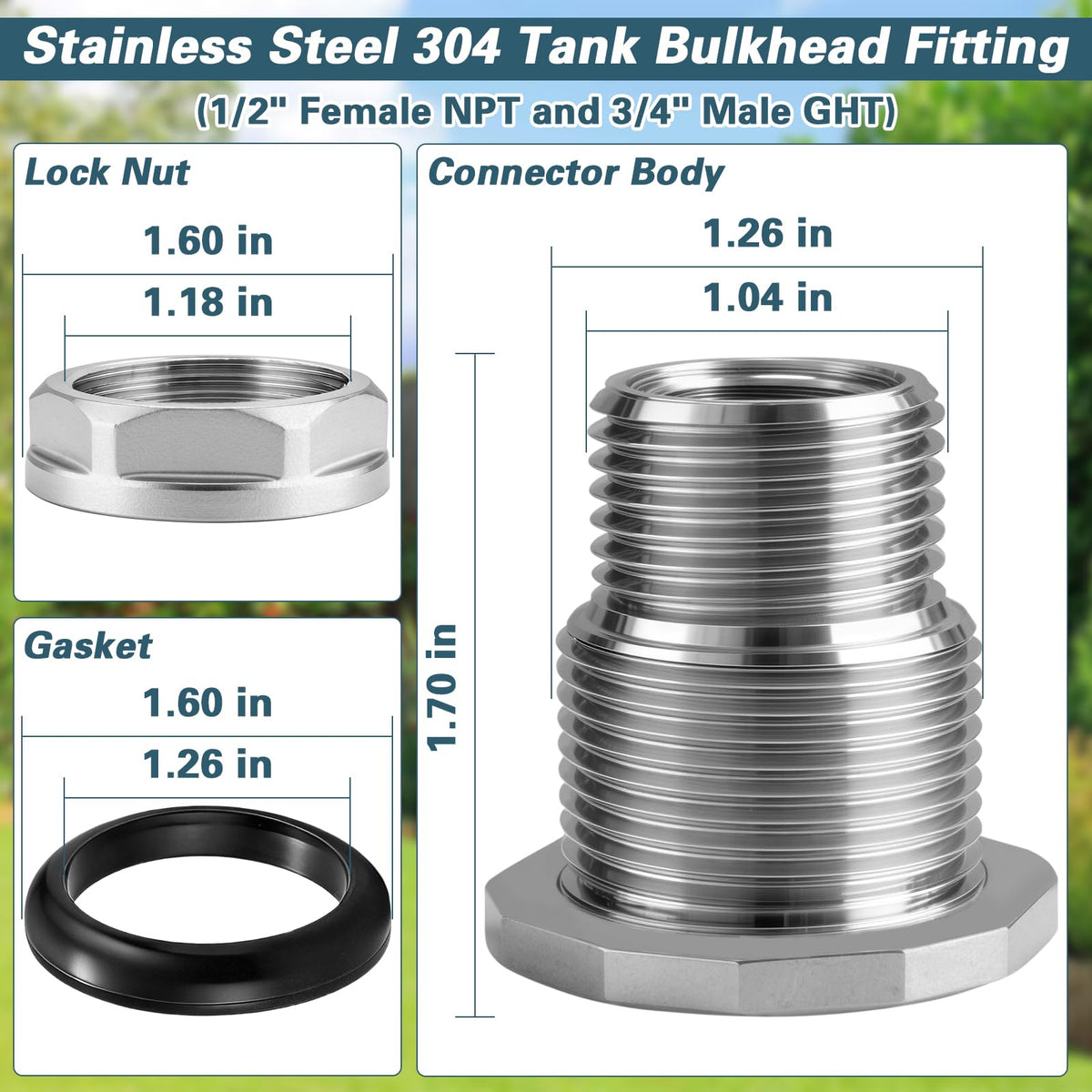 Carvedexquisitely bulkhead fitting close-up thread detail shows 1/2 NPT and 3/4 GHT compatibility