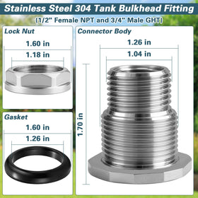 Carvedexquisitely bulkhead fitting close-up thread detail shows 1/2 NPT and 3/4 GHT compatibility