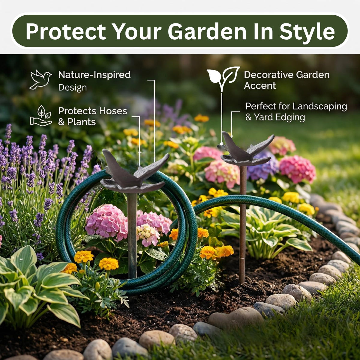 Carvers Olde Iron 19-inch stake supports stable hose routing.