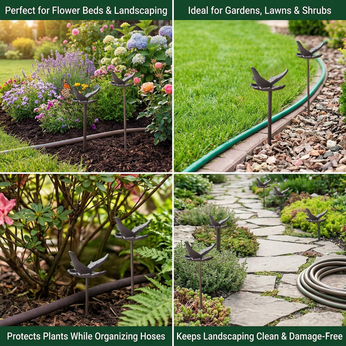 Carvers Olde Iron hose protector blends with landscaping and keeps borders neat.