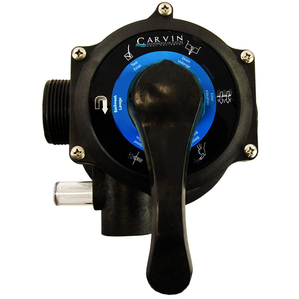 Carvin seven-way valve in backwash position enabling debris removal